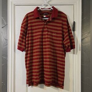 Vintage 2002 Tommy Hilfiger Red Black Yellow Striped Cotton Polo Shirt XL